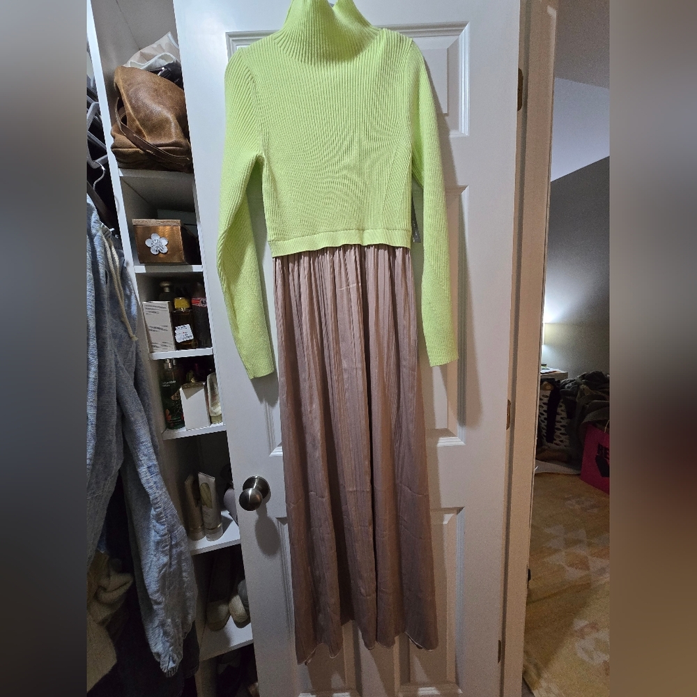 Anthropologie Neon Lime Green Knit Top with Taupe Maxi Skirt Dress